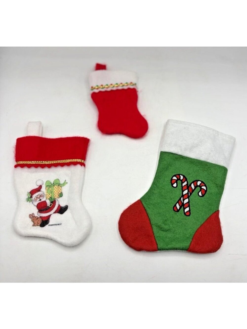 Lot of 3 Vintage Mini Christmas Stockings Santa Candy Cane Holiday Decor